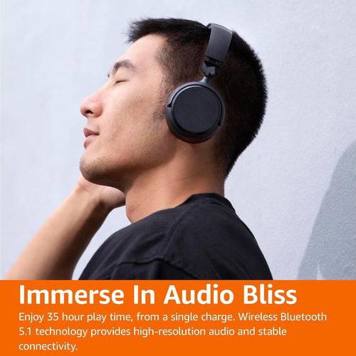 Bluetooth On-Ear Headphones Wireless with Microphone, Deep Bass, 35 Hour Playtime, Foldable, Collapsible, Portable Travel Friendly, Black
