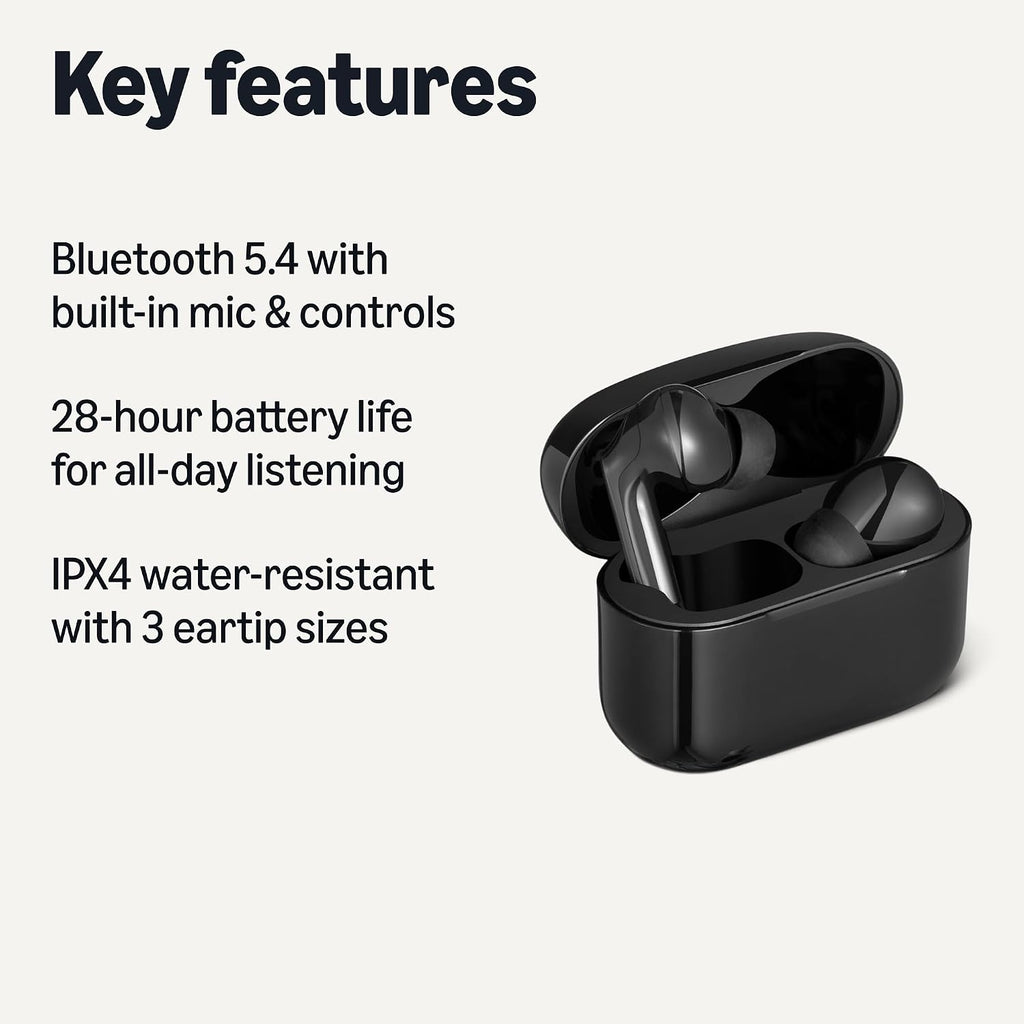 Bluetooth 5.4 True Wireless Earbuds, IPX4 Waterproof, in-Ear with Mic, 28 Hours Battery Life, Charging Case, Black