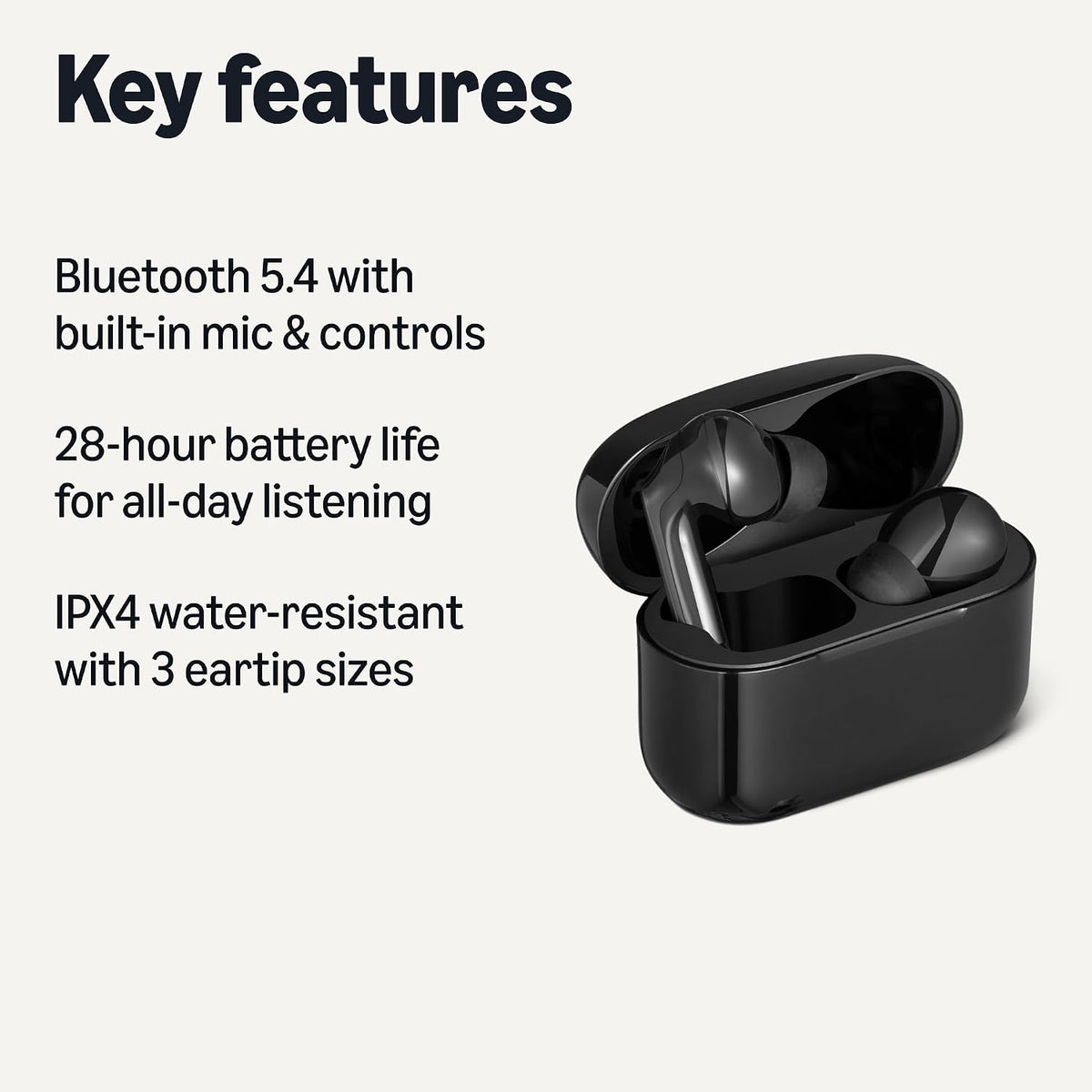 Bluetooth 5.4 True Wireless Earbuds, IPX4 Waterproof, in-Ear with Mic, 28 Hours Battery Life, Charging Case, Black