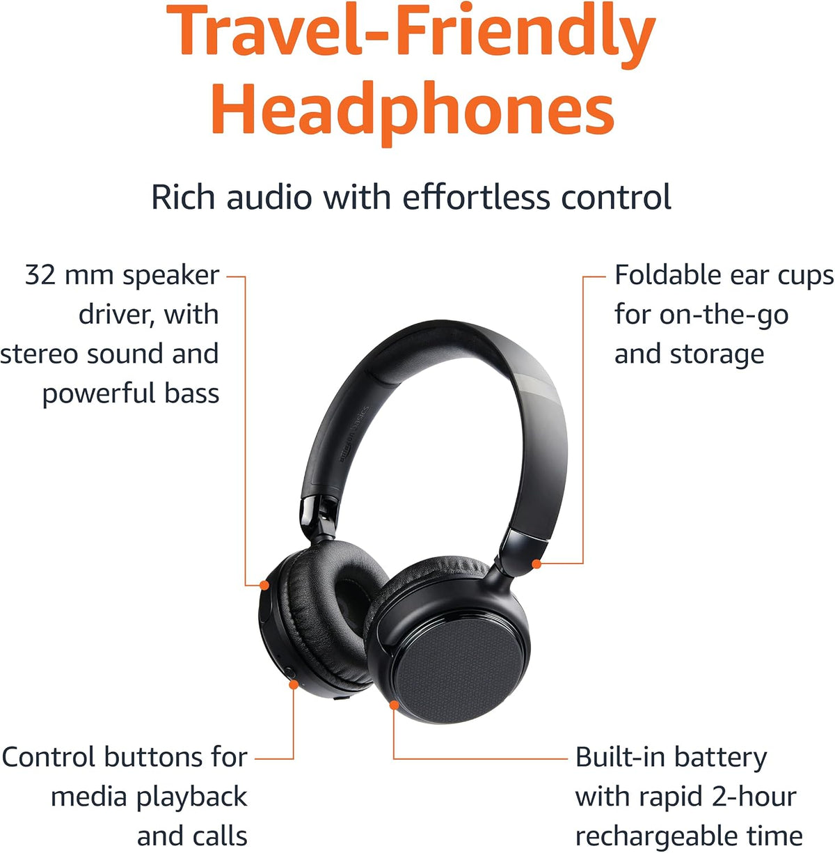 Bluetooth On-Ear Headphones Wireless with Microphone, Deep Bass, 35 Hour Playtime, Foldable, Collapsible, Portable Travel Friendly, Black