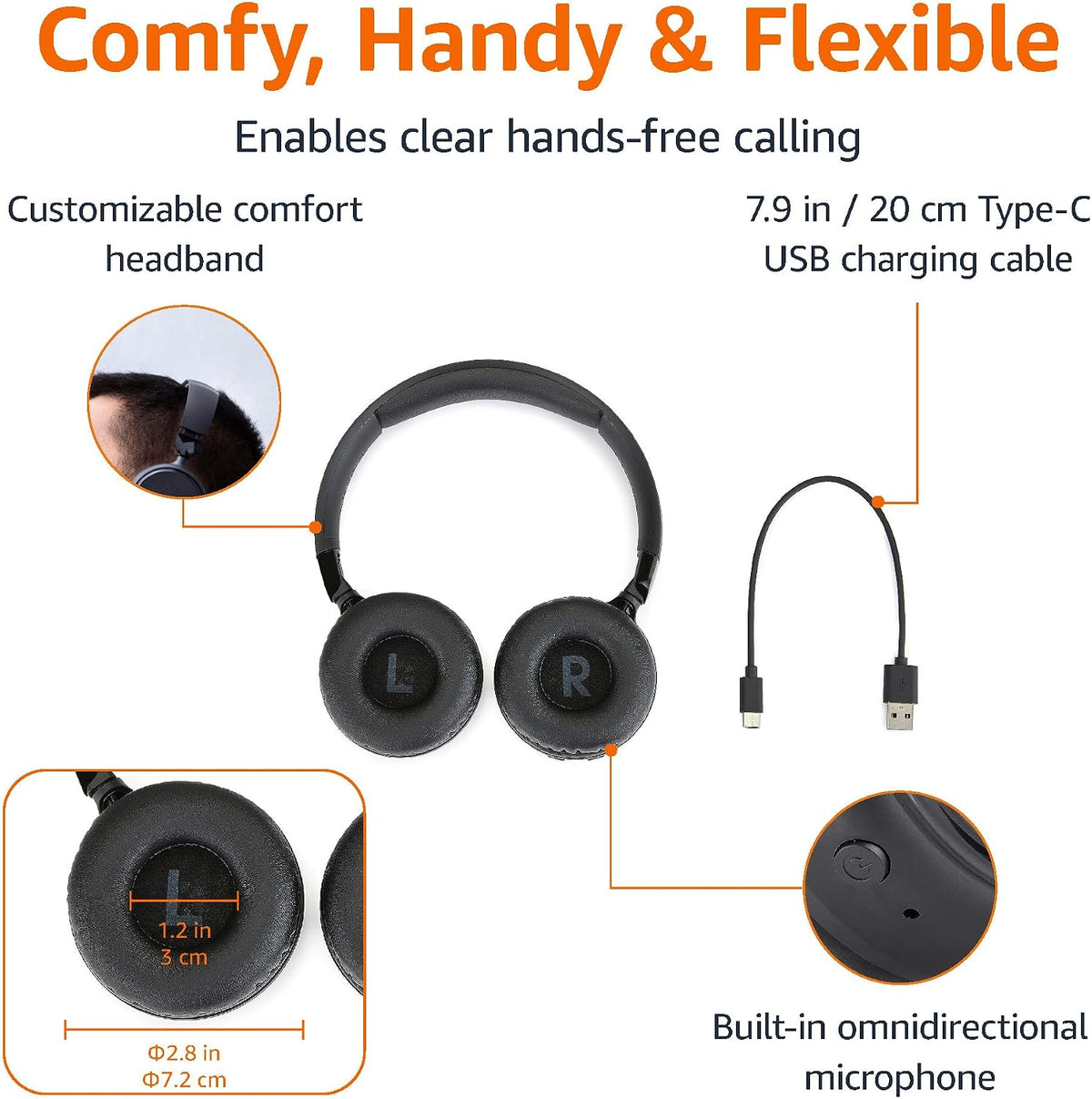 Bluetooth On-Ear Headphones Wireless with Microphone, Deep Bass, 35 Hour Playtime, Foldable, Collapsible, Portable Travel Friendly, Black